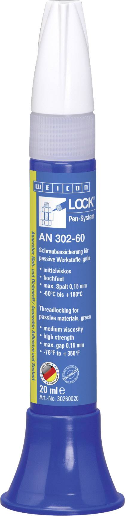 Blaues Fläschchen mit Spitze, Etikett 'AN 302-60'. Enthält 20 ml. Scherschraubensicherung geeignet für -60°C bis +150°C.