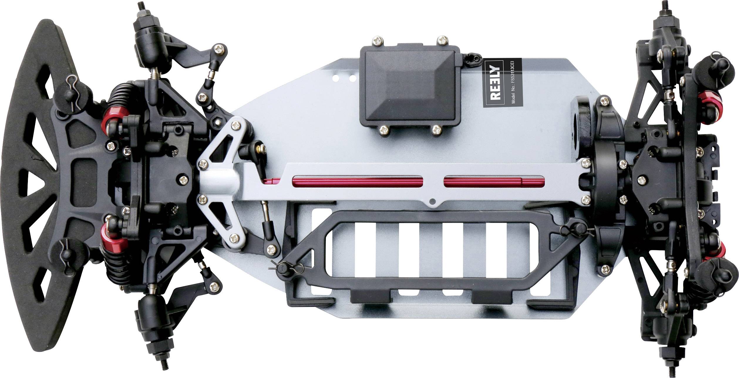 Ein ferngesteuertes Auto Chassis von oben mit sichtbaren Federungen, Lenkung und Akkuaufnahme, ohne Karosserie oder Räder.