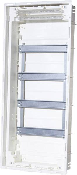 Leerer elektrischer Sicherungskasten, vertikal, weiß, mit mehreren Einbauschienen für elektrische Komponenten.