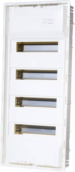 Ein weißer Elektroverteilerkasten mit mehreren Schaltkreisen und Abdeckleisten in einem Kunststoffgehäuse.