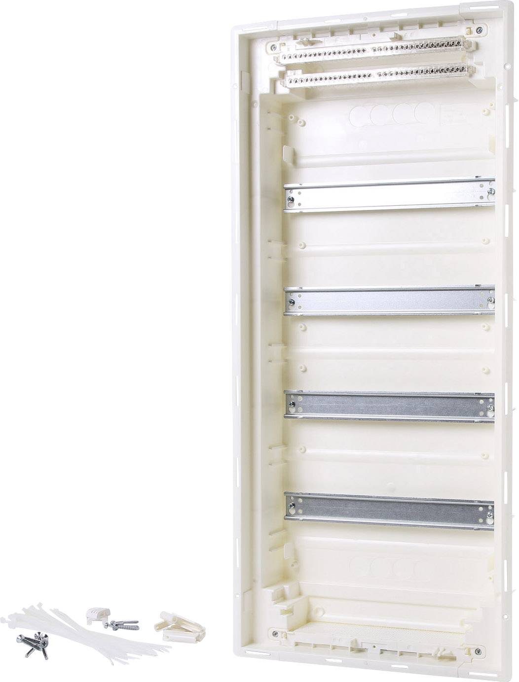 Kunststoffgehäuse für Elektroinstallationen mit sechs horizontalen Metallschienen. Zubehör umfasst Befestigungsstücke und Schrauben.