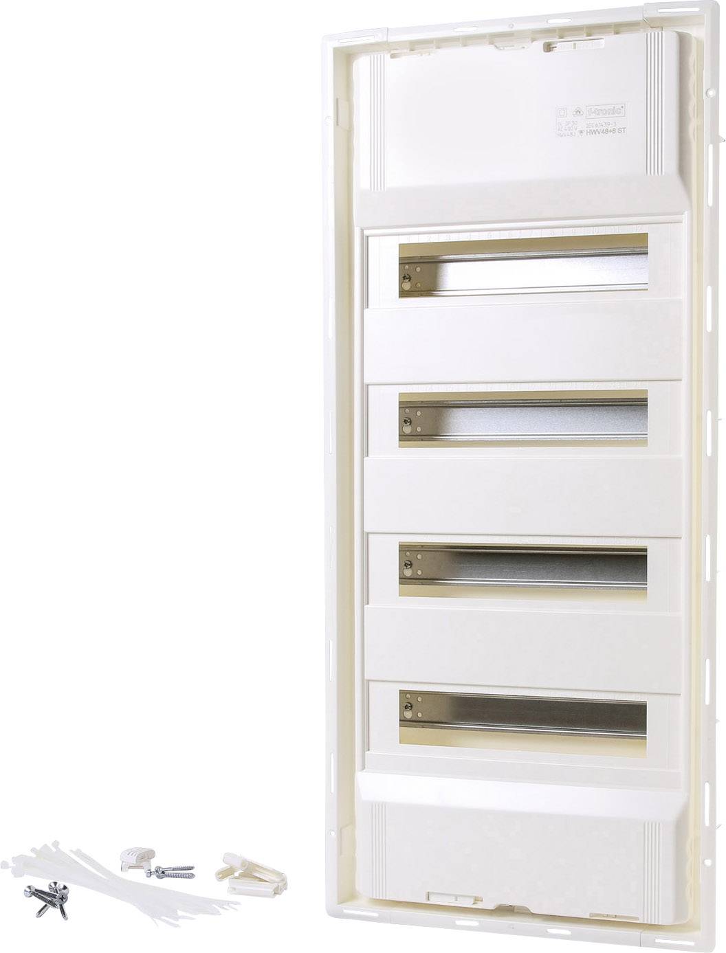 Verteilerkasten mit fünf Reihen für elektrische Komponenten, nebenliegendes Montagematerial zur Befestigung.