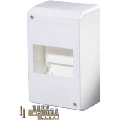 Weiße Kunststoff-Verteilerbox mit offenem Fach, enthaltene Schrauben und Dübel zum Befestigen. Ideal zur Unterbringung elektrischer Komponenten.