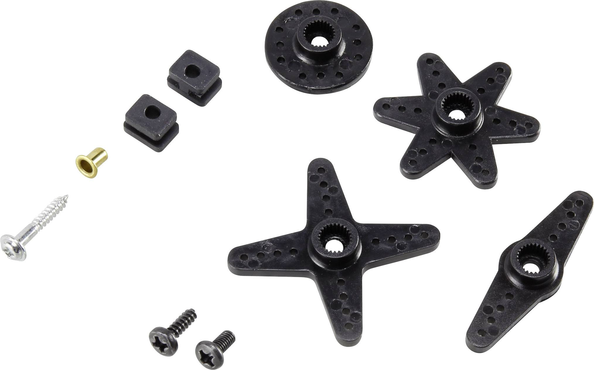 Verschiedene schwarze Kunststoff-Servoschaufeln und Metallschrauben, die für den Modellbau oder verschiedene elektronische Projekte verwendet werden.