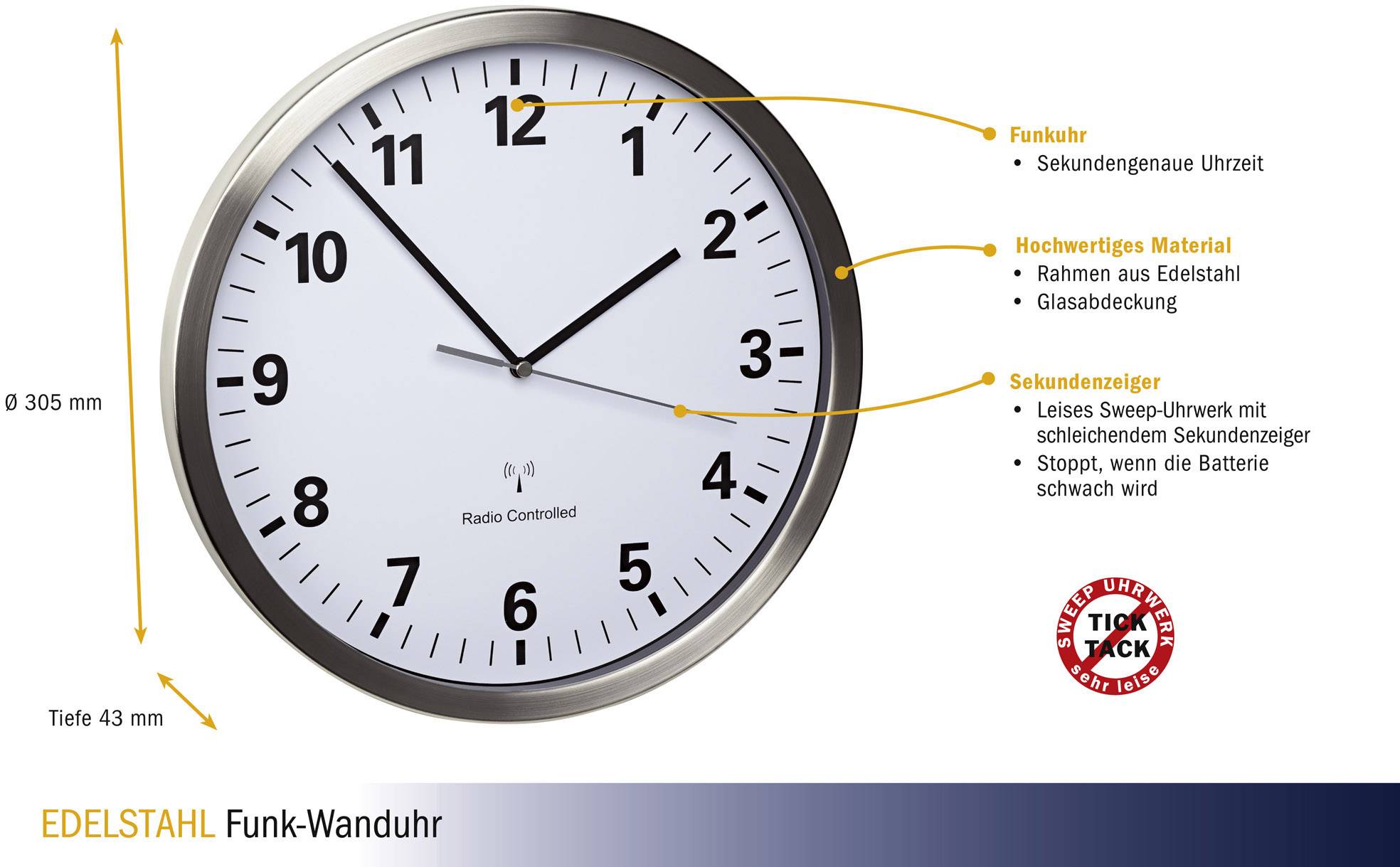 Eine runde Funk-Wanduhr aus Edelstahl mit glasbedecktem Zifferblatt zeigt eine sekundengenaue Zeit. Maße: 305 mm Durchmesser, 43 mm Tiefe.