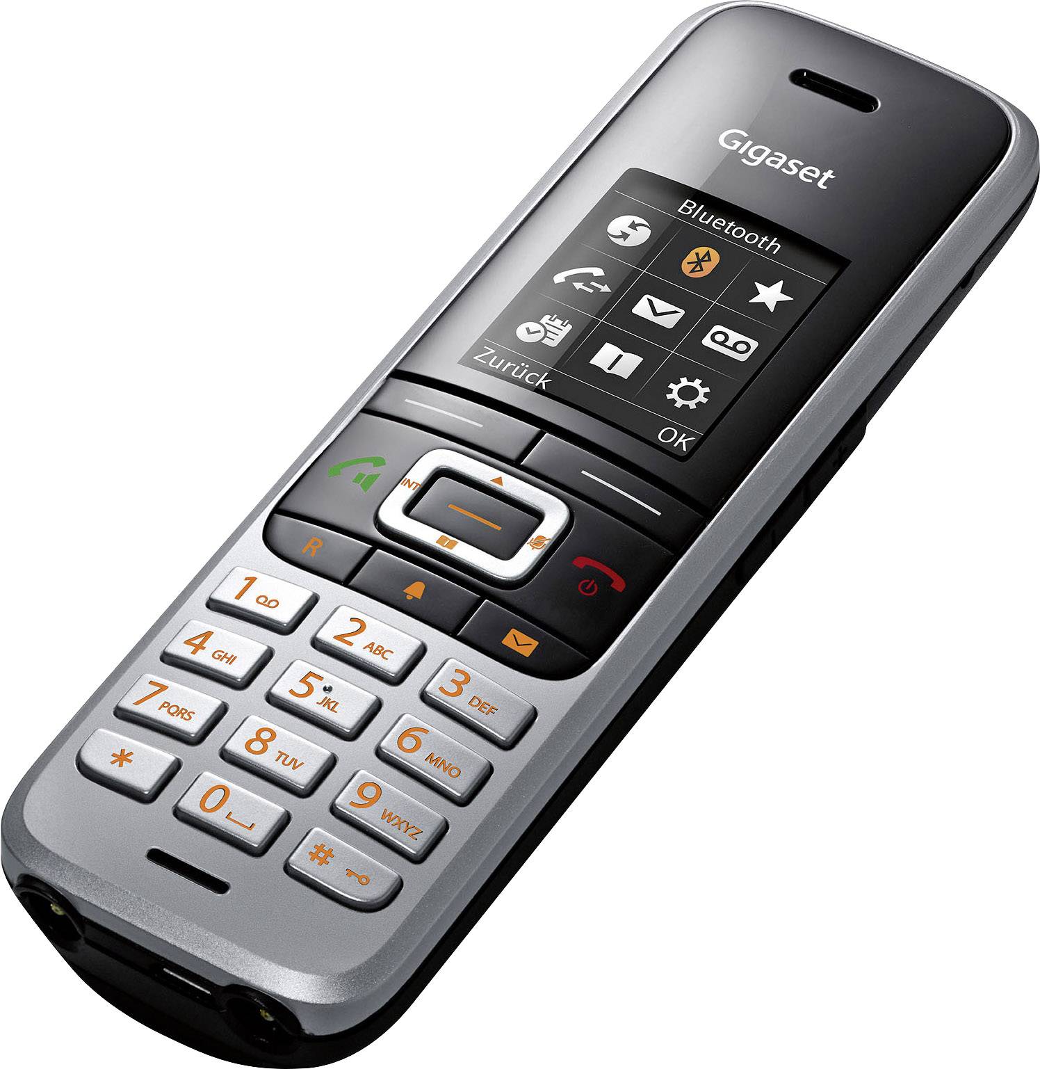 Schnurloses Telefon mit Tastenfeld und Display; zeigt 'Bluetooth' im Menü. Herstellerlogo 'Gigaset' oben rechts auf dem Gerät.
