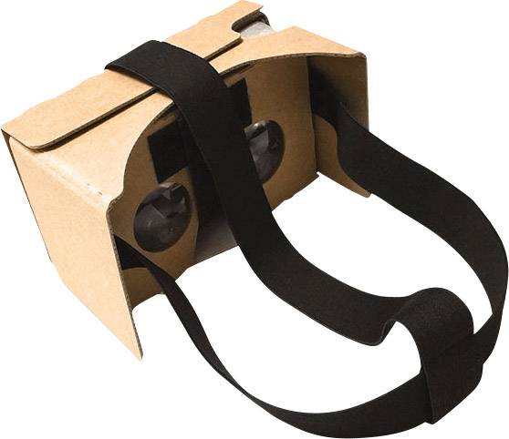 Papp-Viewer mit schwarzen Bändern, dient als Virtual-Reality-Brille.