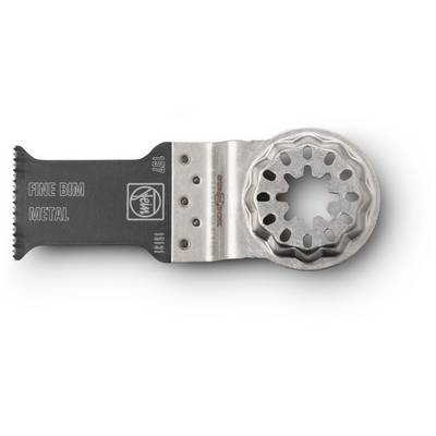 Sägeblatt für Multifunktionswerkzeuge. Fein, Bi-Metall, für Metallbearbeitung. Silberne Farbe, gezahnte Schneide, markiert 'FINE BIM METAL'.