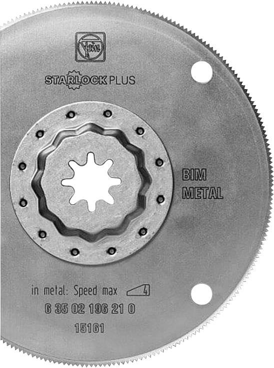 Kreisförmiges Sägeblatt mit der Aufschrift 'Starlock Plus', 'BIM Metal', metallisches Design mit gezacktem Rand.