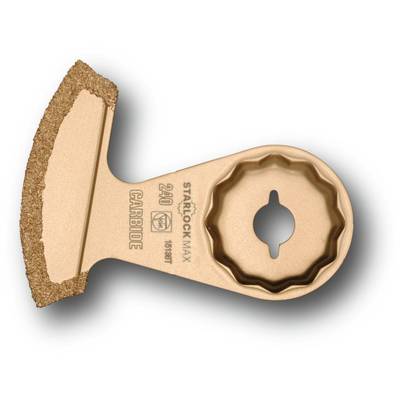 Ein starres, goldenes Sägeblatt mit halbrunder Form und rauer Schneidkante für multifunktionale Werkzeuge.