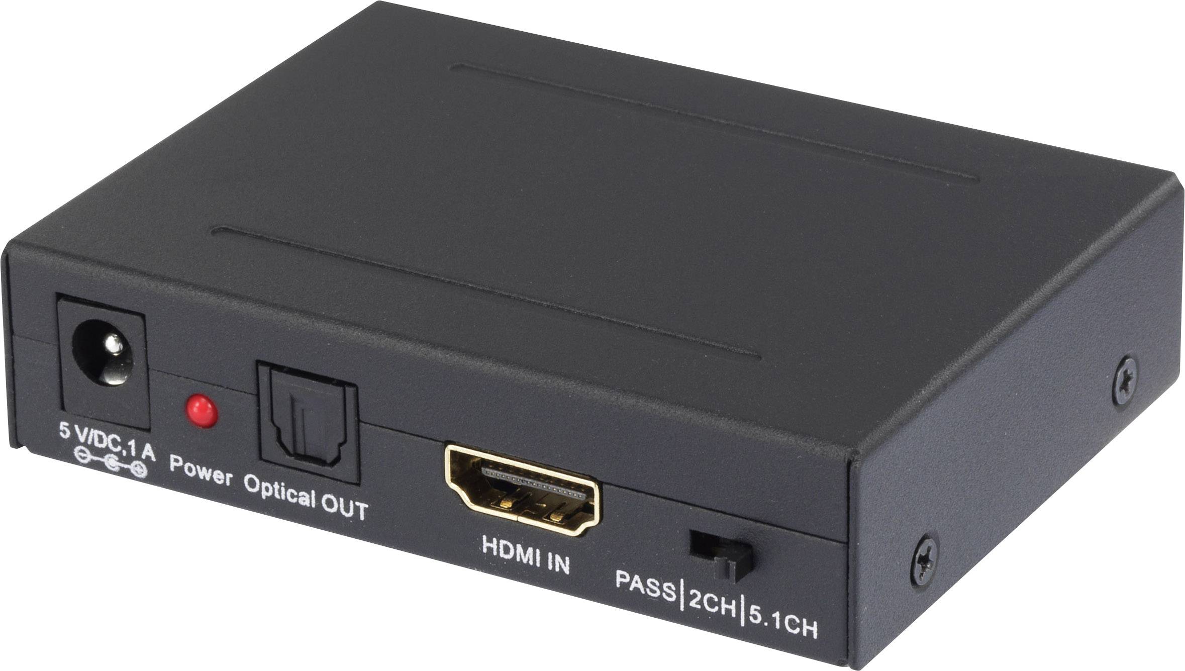 Ein schwarzer HDMI-Audio-Extraktor mit Anschlüssen für Strom, optischen Ausgang, HDMI-Eingang und Audio-Modi-Schalter.