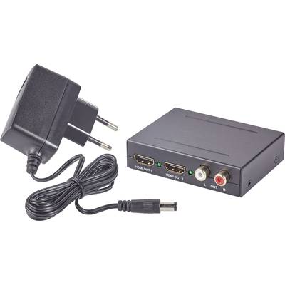 Schwarzer HDMI-Splitter mit zwei HDMI-Ausgängen, zwei Audioanschlüssen und Netzadapter mit Netzstecker und Kabel.