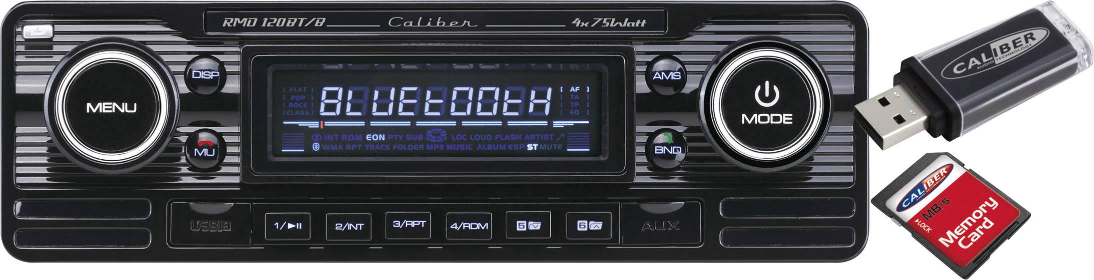 Autoradio mit Bluetooth-Funktion, USB- und SD-Kartenanschluss. Anzeige 'BLUETOOTH' auf dem Display. USB-Stick und SD-Karte abgebildet.