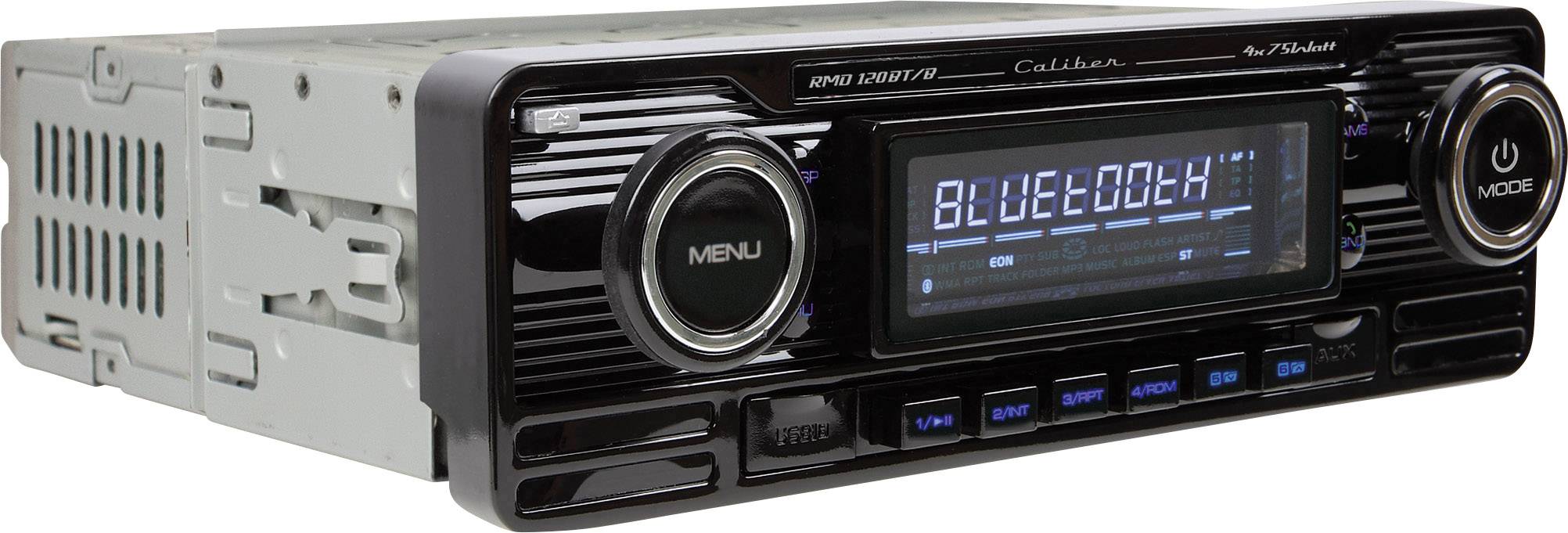 Autoradio mit Display, das 'Bluetooth' anzeigt. Links und rechts befinden sich Bedienknöpfe, darunter weitere Tasten für Steuerungsfunktionen.