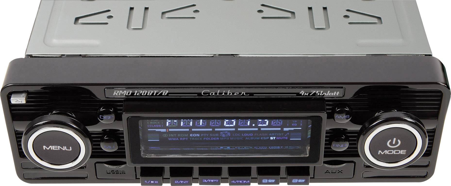 Autoradio mit digitalem Display und Bedienelementen. Das Gerät zeigt Menü- und Betriebsfunktionen. Hauptsächlich für Kfz-Audio verwendet.