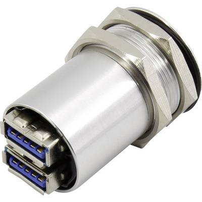 USB 3.0 Buchse mit Metallgehäuse und doppeltem Anschluss. Geeignet für robuste Anwendungen, bietet schnelle Datenübertragung.