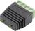Ein schwarzer Adapter mit grünem Anschlussblock und Schraubklemmen. Der Adapter hat ein positives und negatives Symbol auf der Oberfläche.