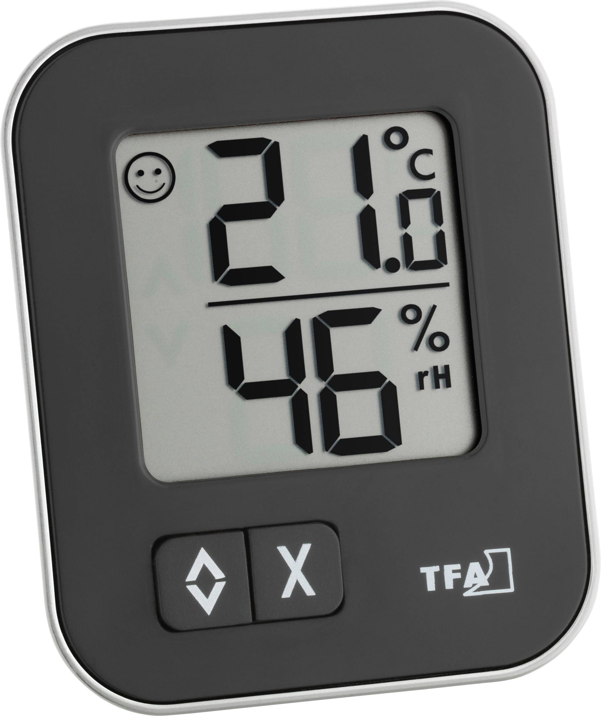 Digitales Thermometer zeigt 21 Grad Celsius und 46 Prozent relative Luftfeuchtigkeit an. Smiley-Symbol oben links.