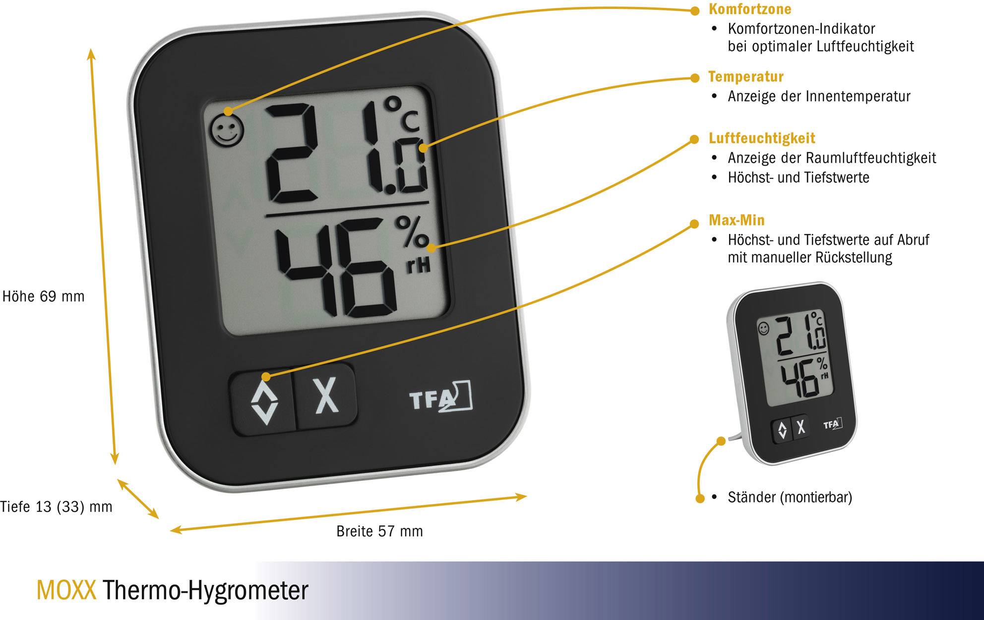 Schwarzes MOXX Thermo-Hygrometer zeigt 21°C und 46% Luftfeuchtigkeit, mit Tasten für Komfortzone und Max-Min-Werte.
