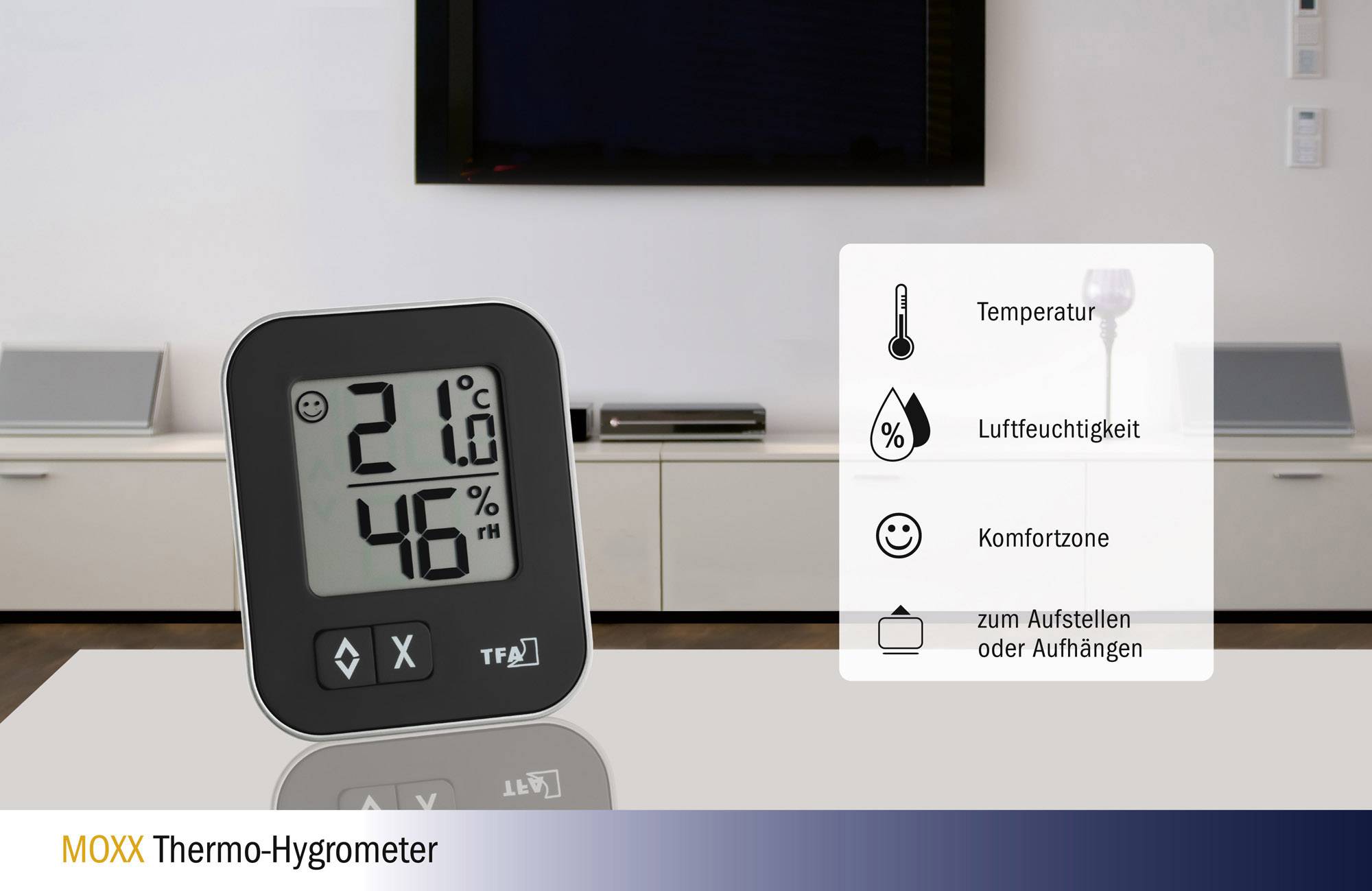 Thermo-Hygrometer auf einem Tisch zeigt '21°C, 46% Luftfeuchtigkeit'. Symbole für Temperatur, Luftfeuchtigkeit und Komfortzone.