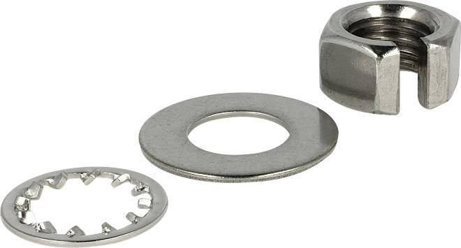 'Dreiteiliges Set aus Zahn- und Unterlegscheibe sowie Sicherungsmutter aus Metall, in einer linearen Anordnung.'