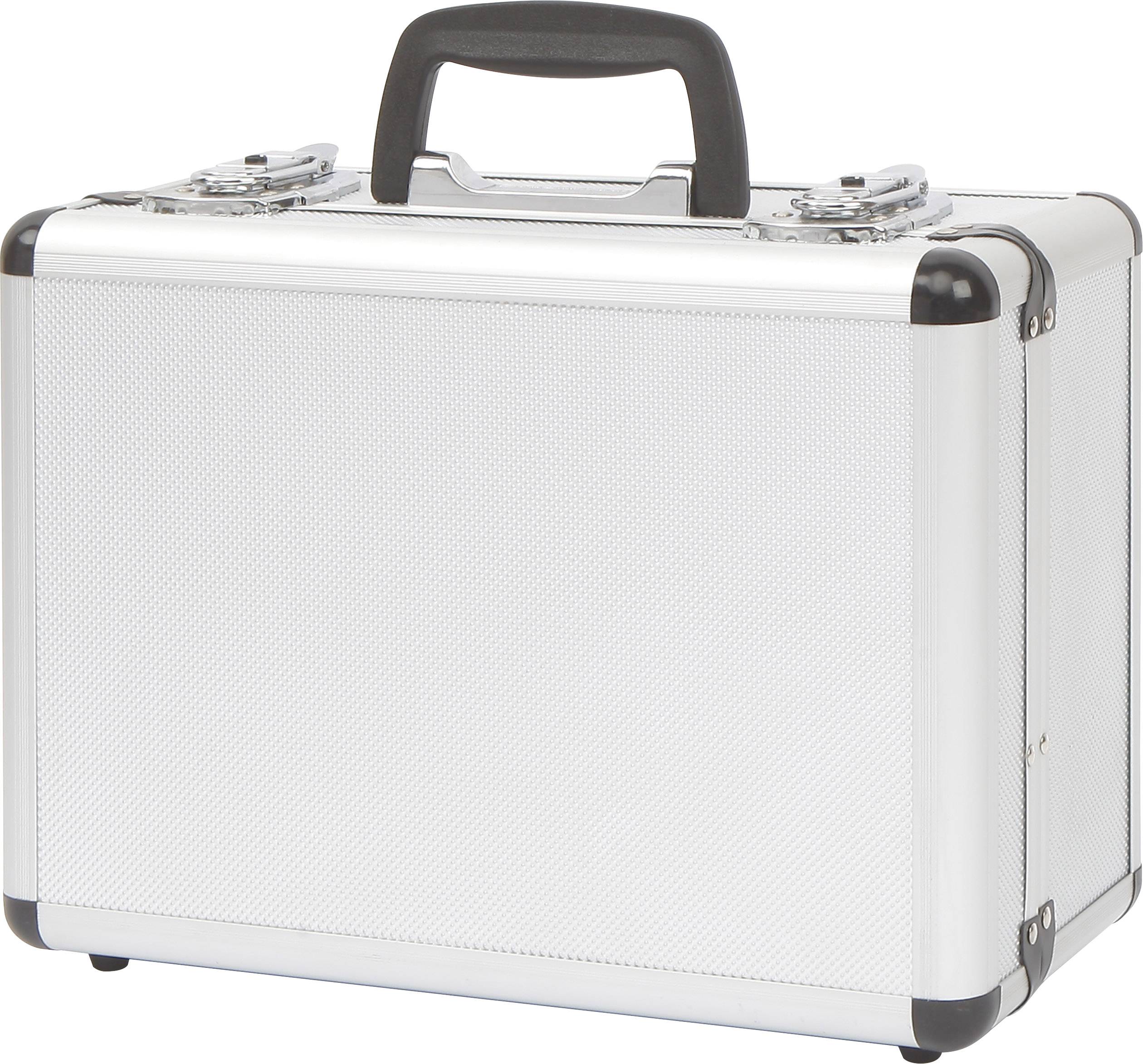 Silberner Metallkoffer mit schwarzem Griff und verstärkten Ecken, auf einem hellen Hintergrund platziert.