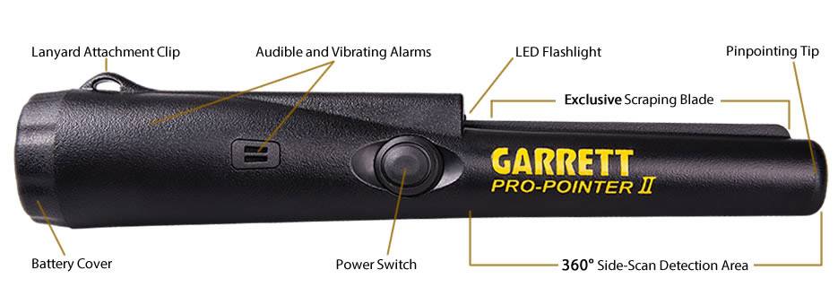 Metallsuchgerät 'Garrett Pro-Pointer II' mit Funktionen: Lanyard-Clip, LED-Lampe, Vibrationsalarm, Ein/Aus-Schalter, Schaber, 360°-Detektion.