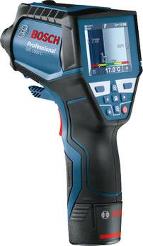Bosch Infrarot-Thermometer mit Display, zeigt Temperatur von 17,0°C, blaue und schwarze Farben, ergonomisches Design, Profi-Werkzeug.