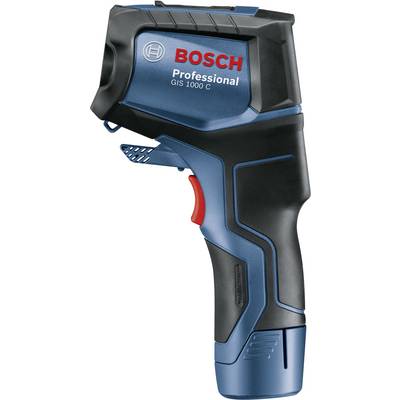 Ein blau-schwarzes Infrarot-Thermometer von Bosch, Modell GIS 1000 C Professional, mit rot-blauen Akzenten und ergonomischem Griff.