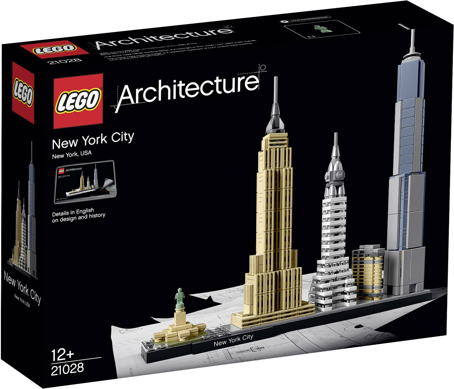 Lego Architecture Set zeigt berühmte Gebäude von New York City, darunter die Freiheitsstatue und das Empire State Building.