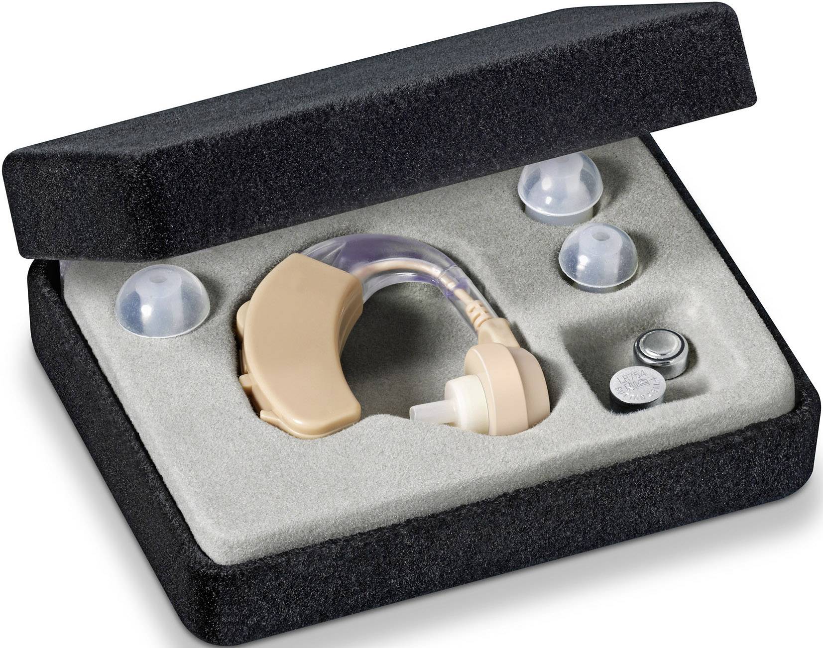 Hörgerät in einer Box mit zwei Ersatzbatterien und zwei zusätzlichen Ohrstöpseln.