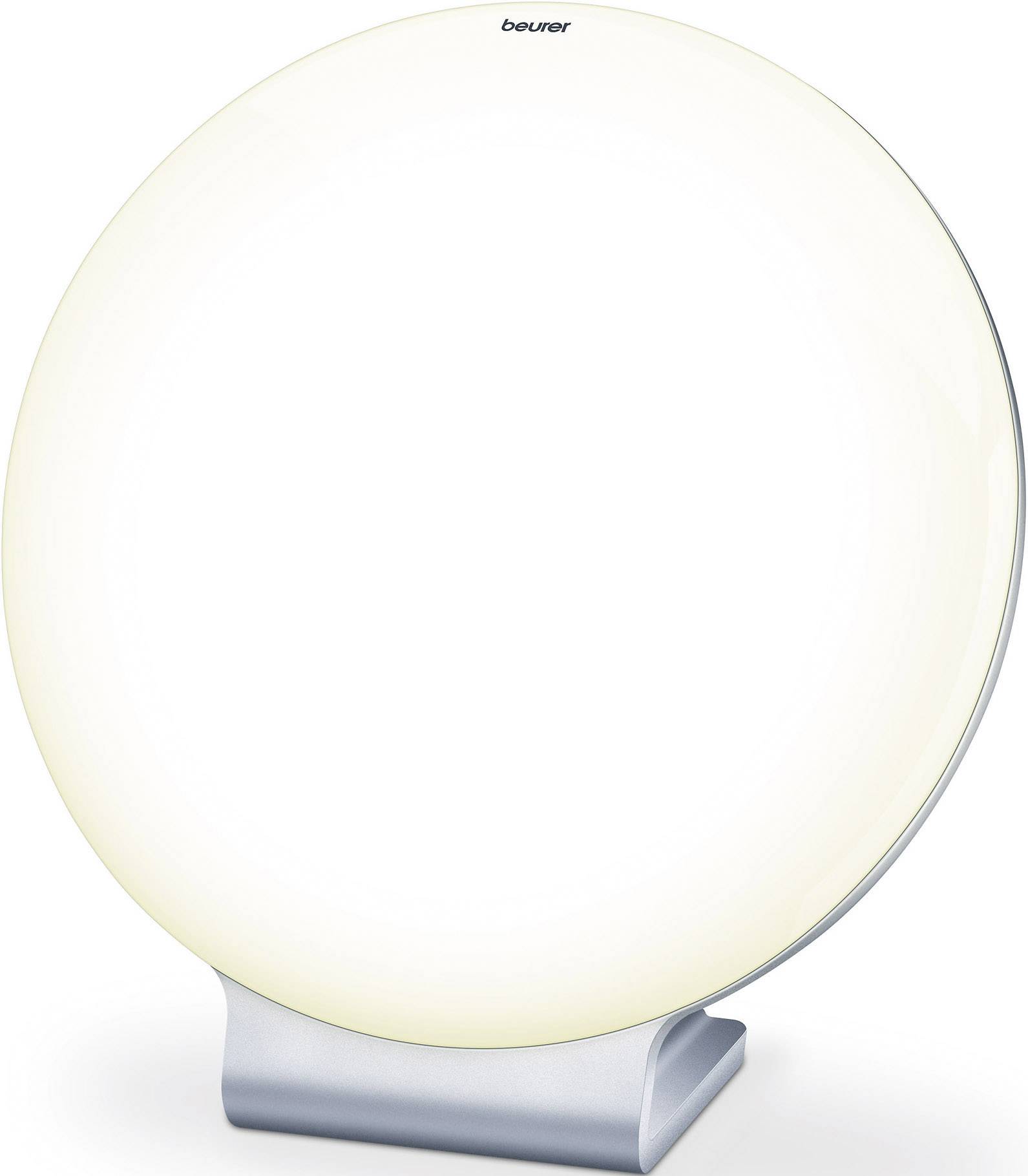 Rundes Lichttherapiegerät mit weißem, kreisförmigem Leuchtfeld, steht schräg auf einem silbernen Ständer.