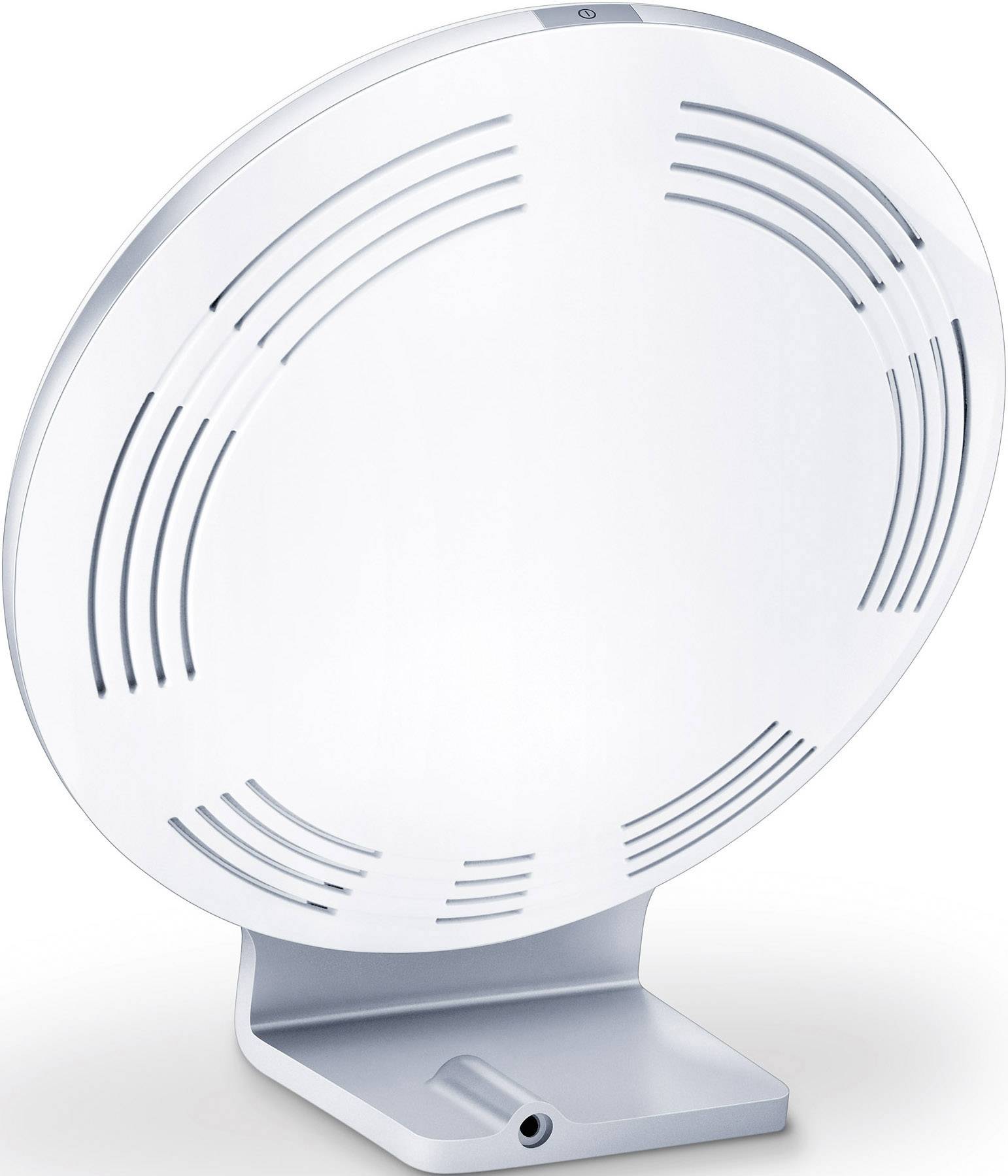 Ein moderner weißer Standventilator mit kreisförmigem Gitterdesign auf einem stabilen Sockel, geeignet für den privaten Gebrauch.