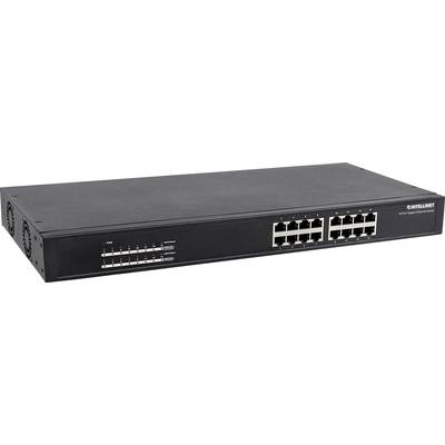 Ein schwarzer Netzwerk-Switch mit 16 Ethernet-Ports und LED-Anzeigen auf der Vorderseite. Nutzung für Datenkommunikation im Netzwerk.