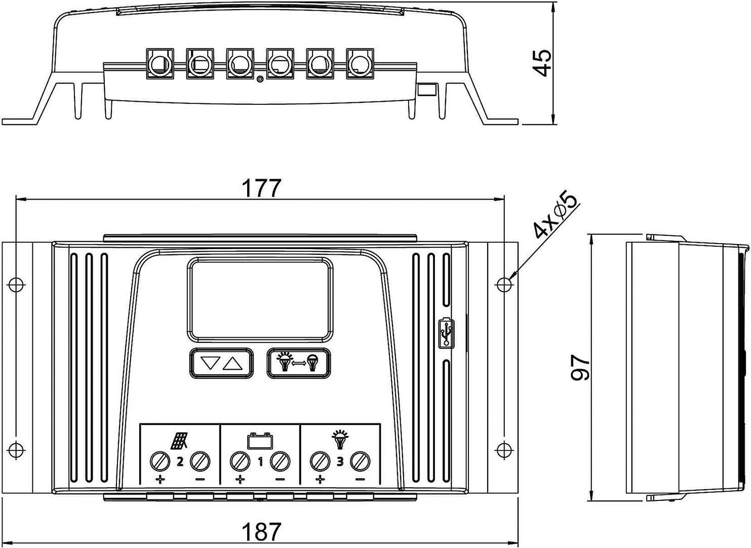 Technische Zeichnung eines rechteckigen Geräts mit Anschlüssen oben, Maße 187x97 mm, Höhe 45 mm, Frontplatte mit Tasten und Symbolen.
