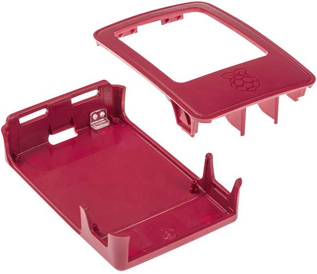 Rotes Gehäuse für ein elektronisches Gerät, bestehend aus zwei separaten Teilen, die ineinander passen, mit einem kleinen Logo auf dem Deckel.