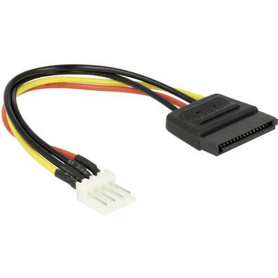 Ein SATA-Stromadapterkabel mit schwarzem SATA-Stecker und weißem Molex-Stecker, verwendet zur Verbindung zwischen Netzteil und Festplatten.