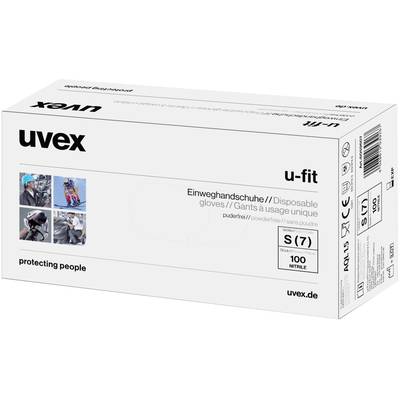 Schachtel mit 'uvex u-fit' Einweghandschuhen, Größe S (7), puderfrei aus Nitril. Abgebildete Anwendungsbeispiele auf der Verpackung.