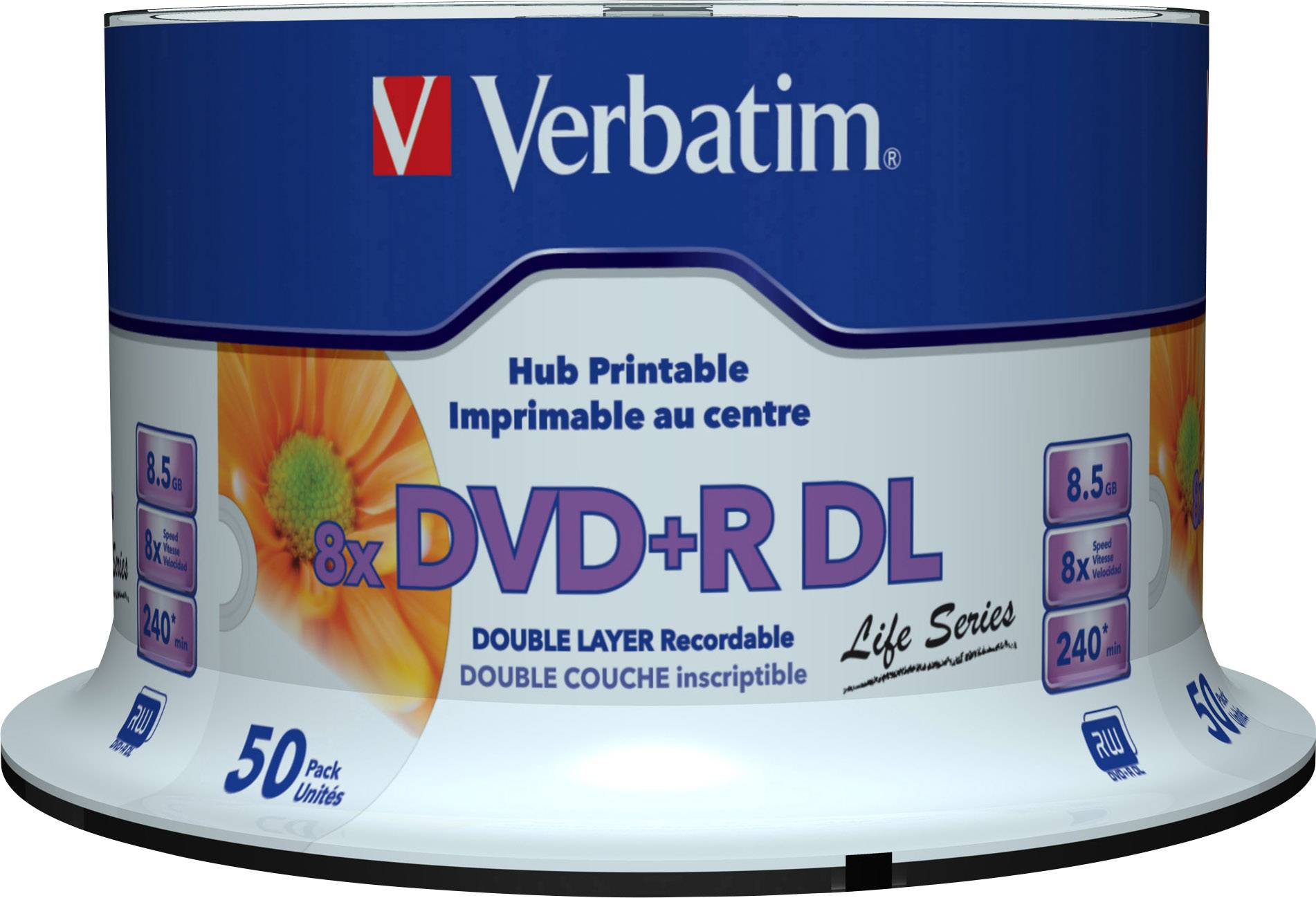 Ein Verbatim DVD+R DL 50er-Pack. Doppelschichtige, bedruckbare DVDs mit 8,5 GB Speicherplatz, 8x Geschwindigkeit.