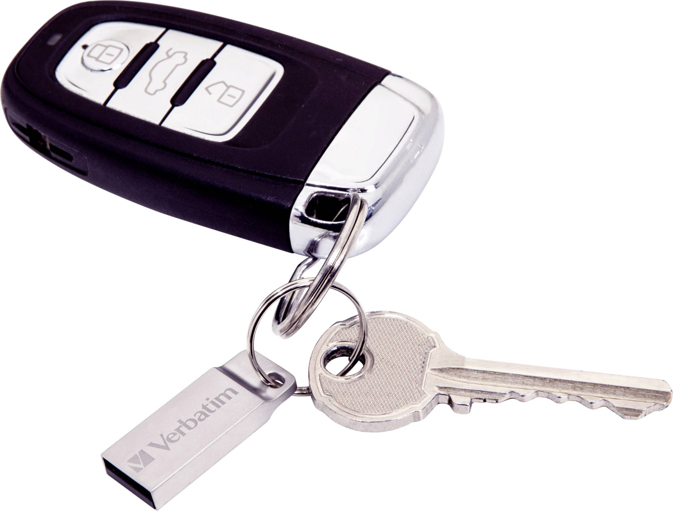 Ein Autoschlüsselanhänger mit einer schwarzen Fernbedienung, einem silbernen USB-Stick und einem silbernen Schlüssel.
