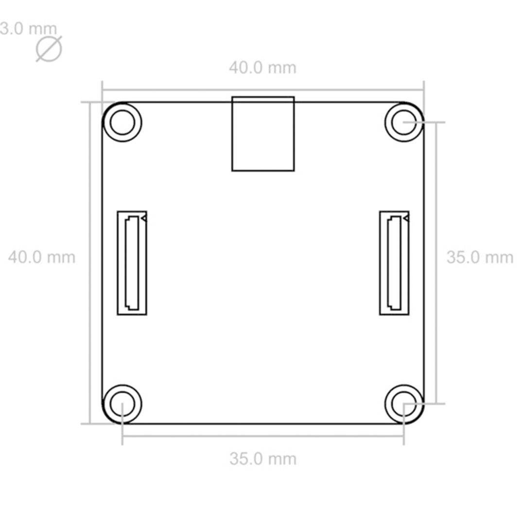 Technische Zeichnung eines quadratischen Teils mit den Maßen 40 mm x 35 mm. Zeigt Bohrlöcher in den Ecken und zwei rechteckige Aussparungen.