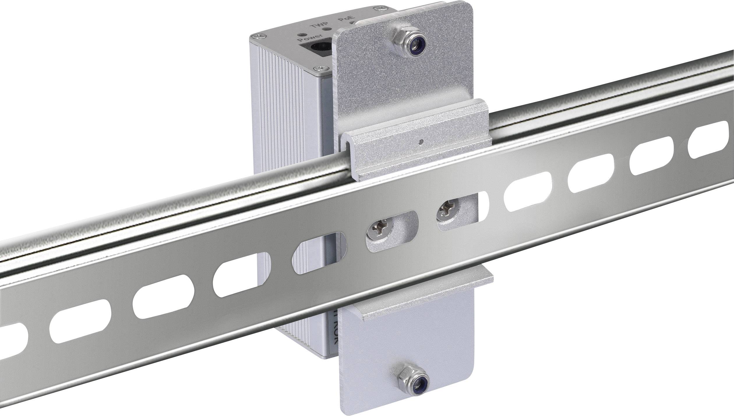 Metallschiene mit Halterung, die an einer rechteckigen Box befestigt ist. Eignet sich für industrielle Montagesysteme und Kabelmanagement.
