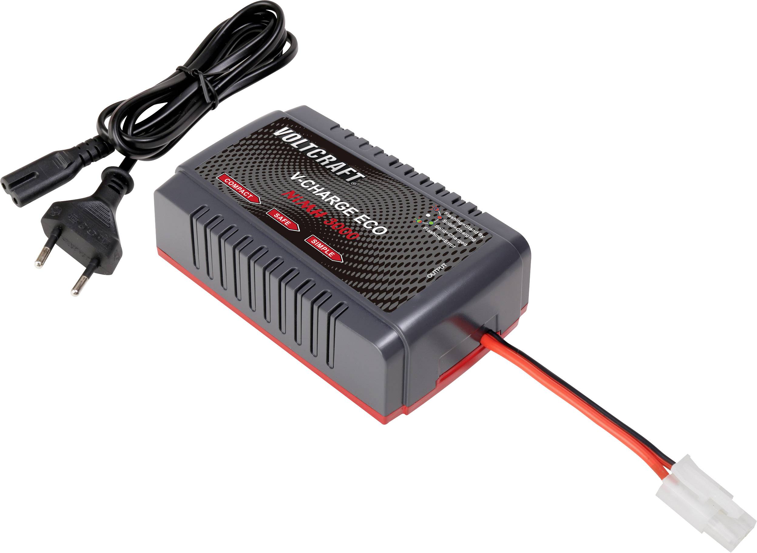 Schwarz-rotes Batterieladegerät mit Netzkabel und Ladeanzeige; Marke 'Voltcraft', Modell 'Charge 4.0' für unterschiedliche Batteriearten.