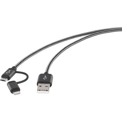 Renkforce USB-Kabel USB 2.0 USB-A Stecker, USB-Micro-B Stecker, Apple Lightning Stecker 1.00 m Dunkelgrau gesleeved RF-4