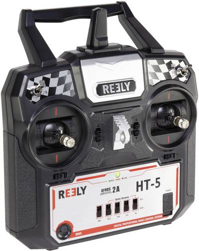 Schwarze Reely HT-5 Fernsteuerung mit Joysticks und Schaltern für Modellfahrzeuge.