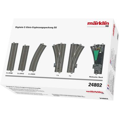 Verpackung der Märklin HO Digital C-Gleis Ergänzungspackung D2, zeigt fünf verschiedene Gleis- und Weichentypen mit Artikelnummern.