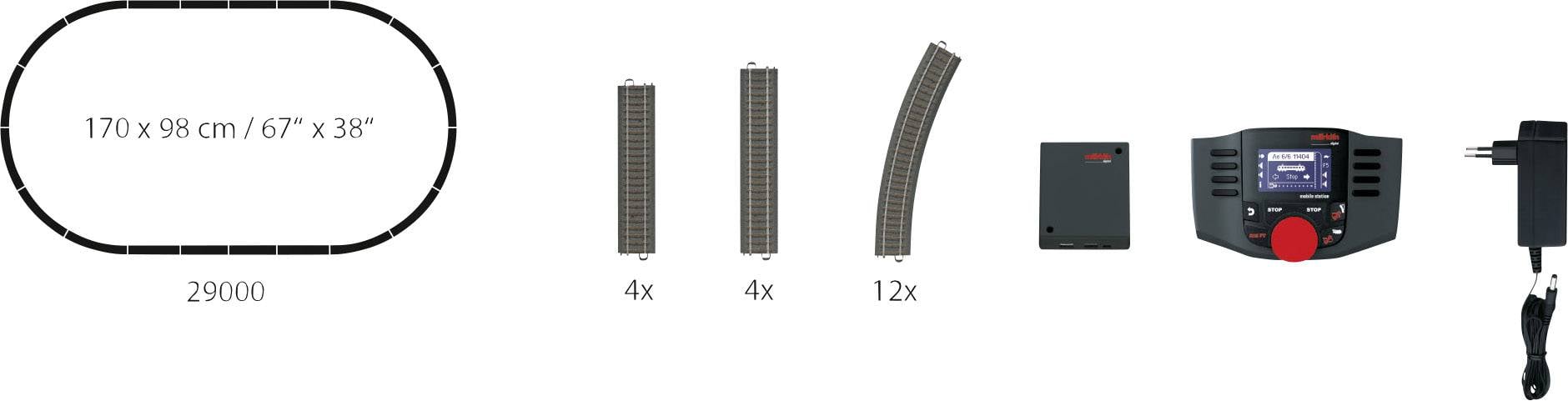 Gleisanlage eines Modelleisenbahnsets mit ovalem Layout, gerade und kurvige Schienenteile, Steuergerät, Netzteil. Maße: 170 x 98 cm.