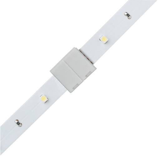 Ein weißer LED-Streifen mit vier sichtbaren LED-Dioden und einem zentralen, grauen Verbinder.