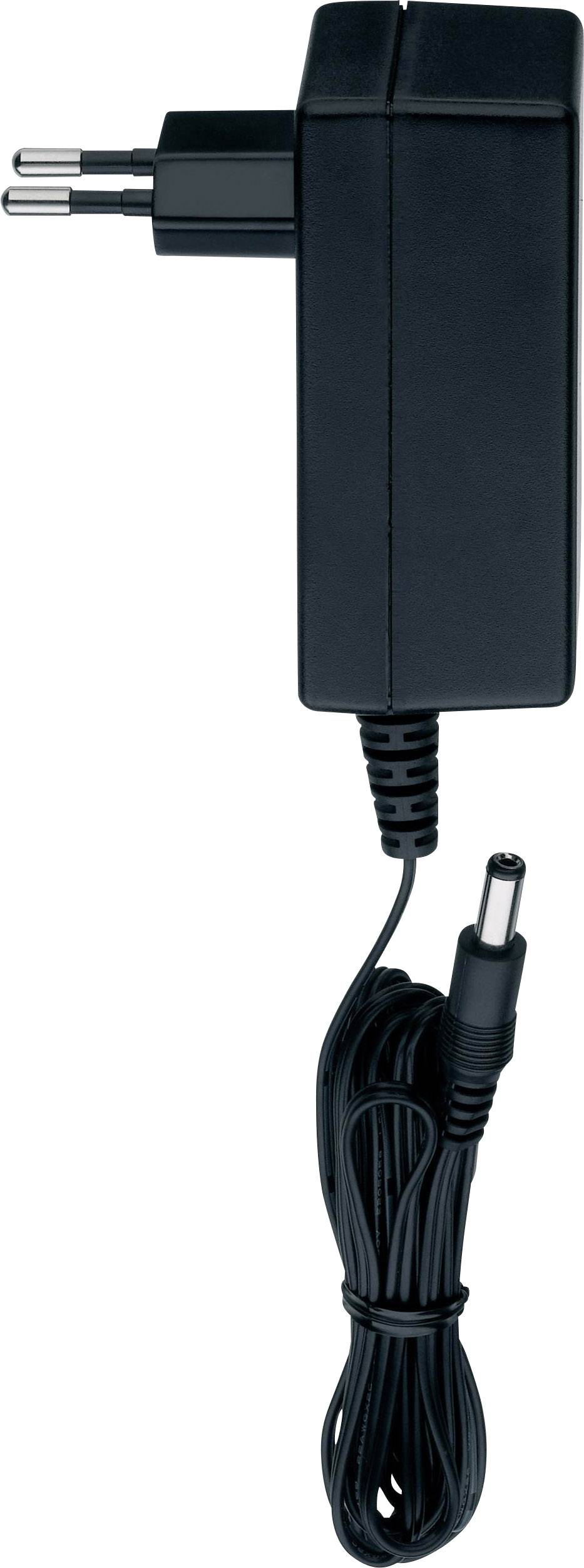 Schwarzes Netzteil mit Eurostecker und fest angebrachtem Kabel.