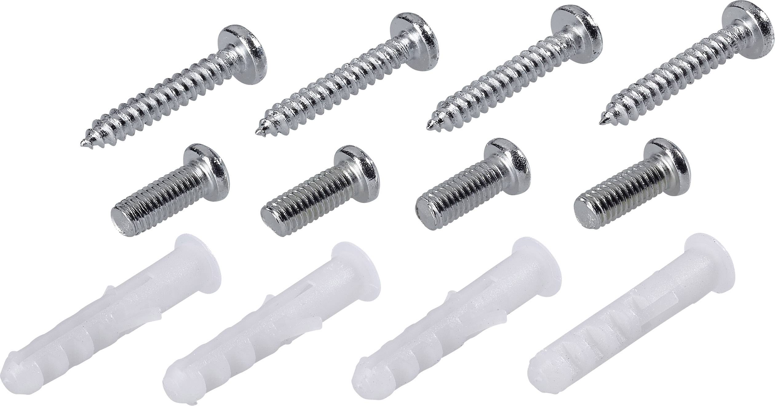 Fünf silberne Schrauben und fünf passende weiße Dübel liegen in einer Reihe auf einem weißen Hintergrund.